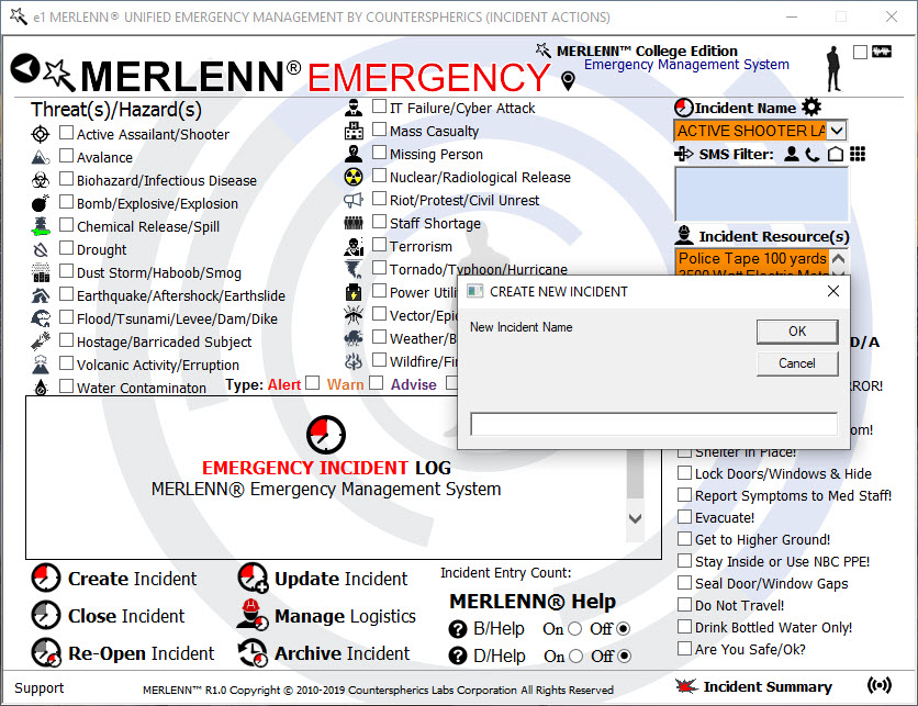 Counterspherics' MERLENN Safety Management, Resource Management, Logistics Management, Event Alerting, Tracking, Reporting, Compliance (OSHA)