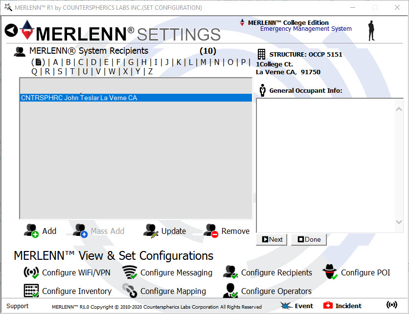 Counterspherics' MERLENN Safety Management, Resource Management, Logistics Management, Event Alerting, Tracking, Reporting, Compliance (OSHA)