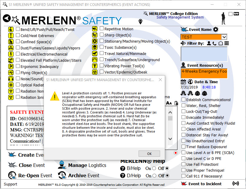 Counterspherics' MERLENN Safety Management, Resource Management, Logistics Management, Event Alerting, Tracking, Reporting, Compliance (OSHA)