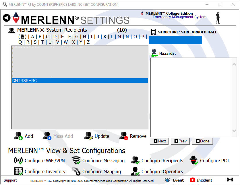 Counterspherics' MERLENN Safety Management, Resource Management, Logistics Management, Event Alerting, Tracking, Reporting, Compliance (OSHA)