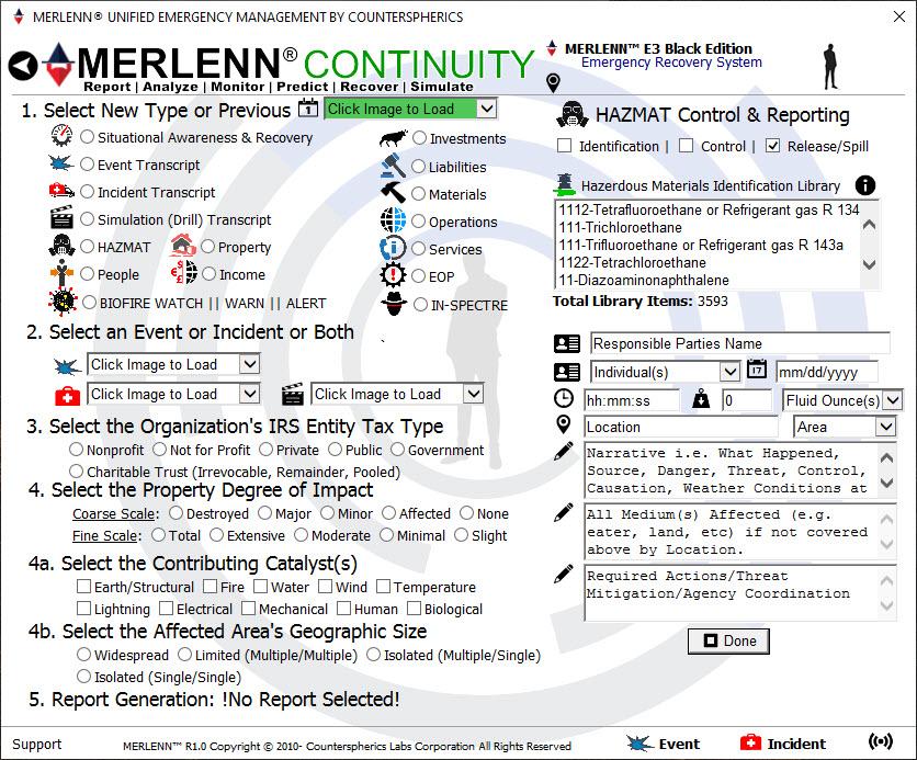 Counterspherics' MERLENN Safety Contingency, Resource Management, Logistics Management, Event Alerting, Tracking, Reporting, Compliance (OSHA)